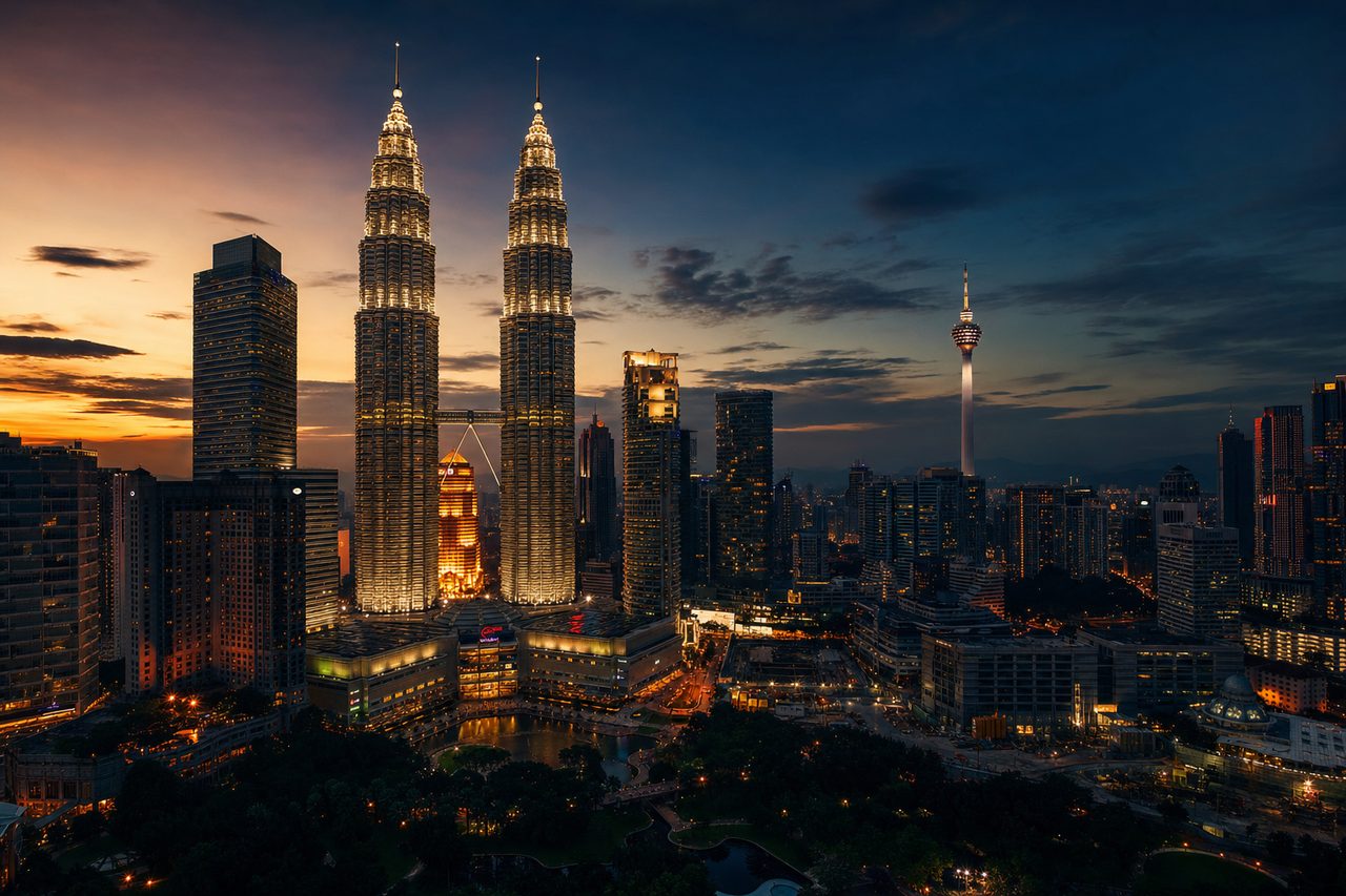 Kuala Lumpur skyline at dusk with the Petronas Twin Towers